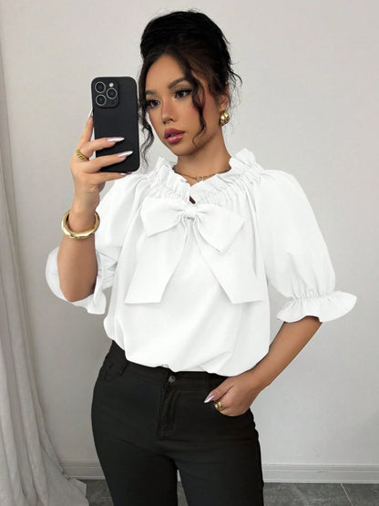 Bow Tie Ruffle Neck Blouse Puff Sleeve Dressy Casual Top