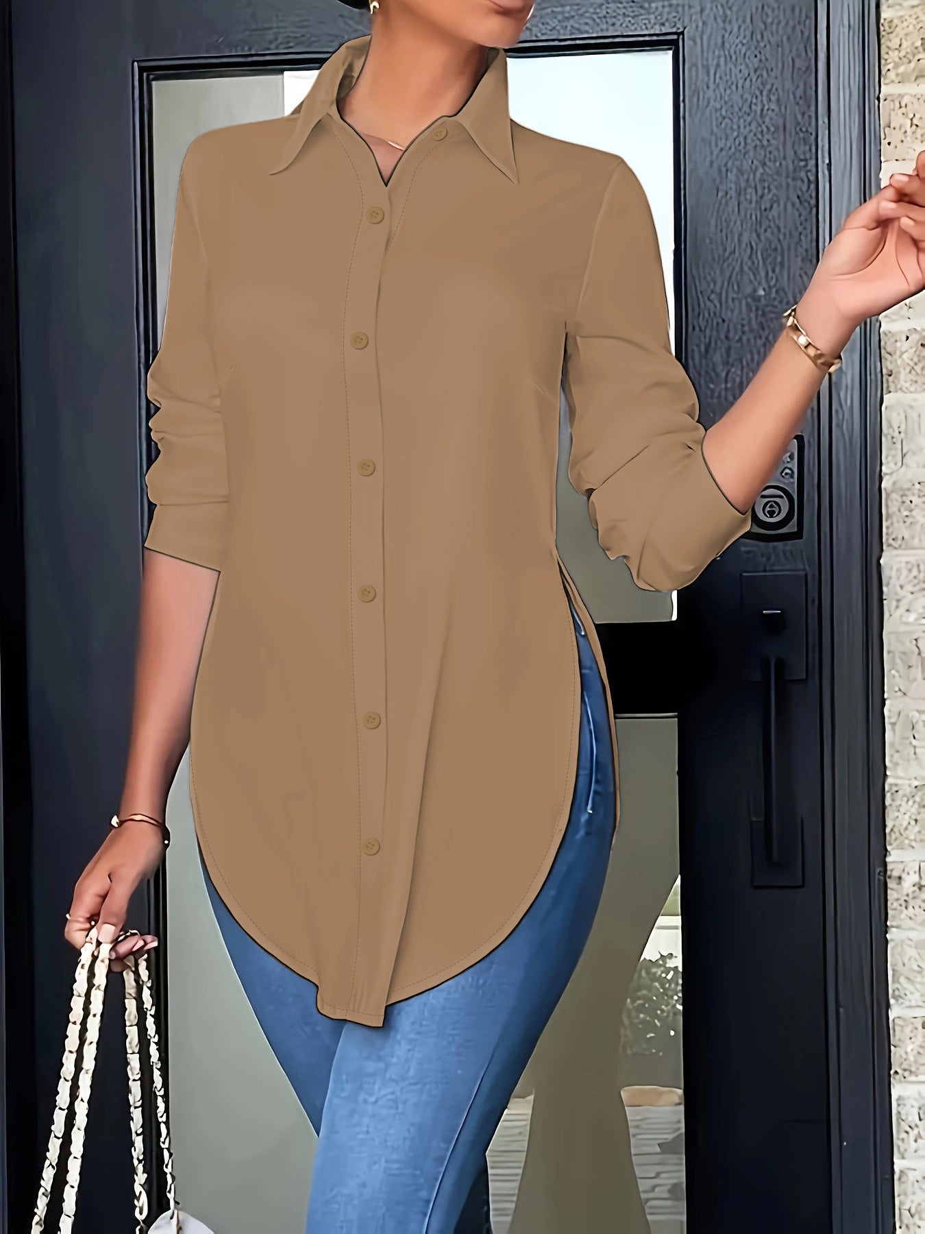 Women's Split Hem Long Sleeve Button Down Tunic Shirt
