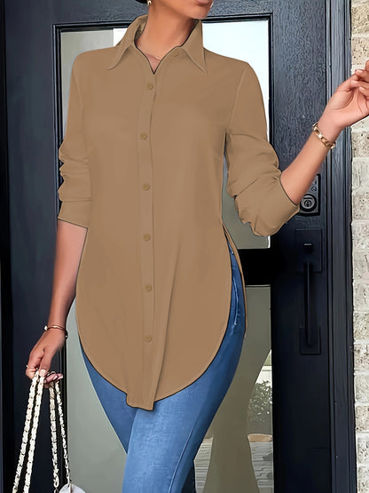 Women's Split Hem Long Sleeve Button Down Tunic Shirt