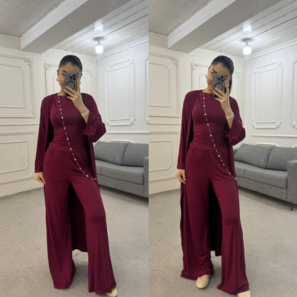 Women's 3 Piece Lounge Set Wide Leg Pants Cardigan Top