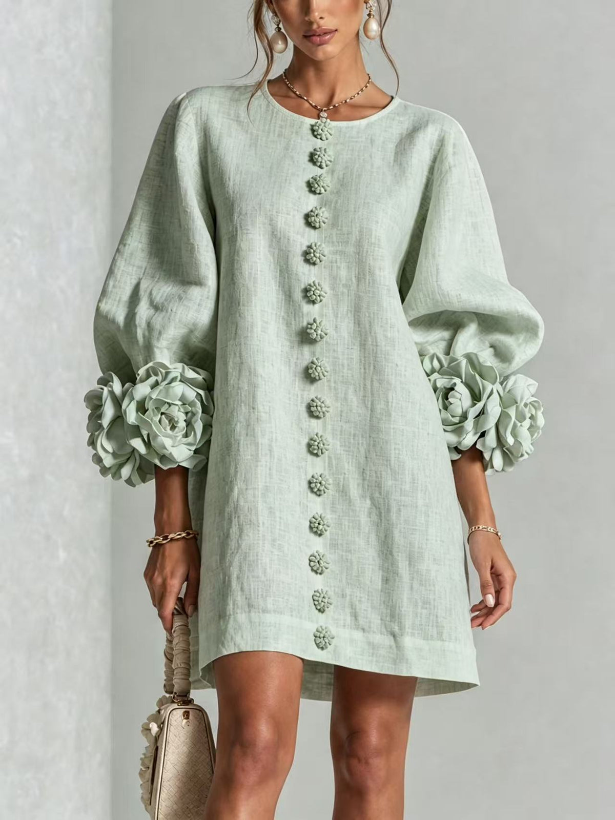 Women's 3D Floral Puff Sleeve Linen Blend Mini Dress