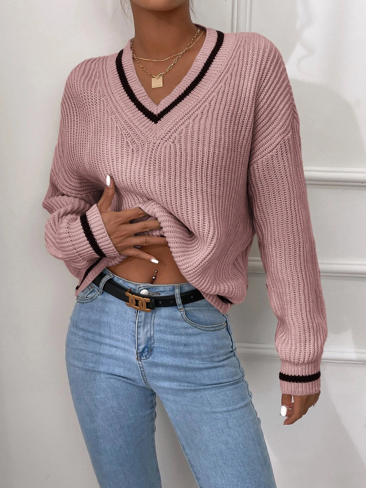 Women's Oversized V-Neck Chunky Knit Sweater Color Block
