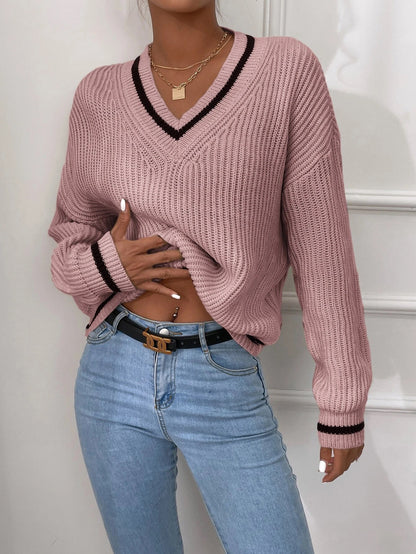 Women's Oversized V-Neck Chunky Knit Sweater Color Block