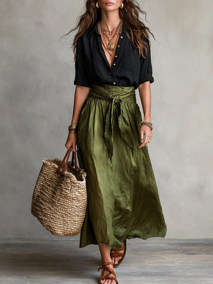 Women's Color Block Shirt & Skirt Two Piece Set