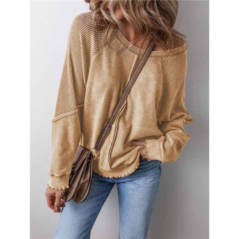 Oversized Patchwork Waffle Knit Crewneck Sweatshirt