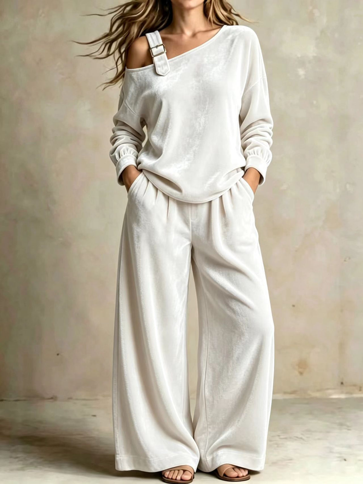 Women's Velvet Two Piece Set Wide Leg Pants Off Shoulder