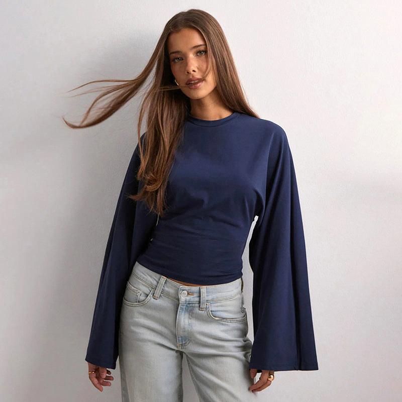 Women's Solid Batwing Long Sleeve Cinched Waist Crop Top