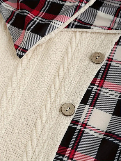Hooded Cable Knit Sweater Dress Plaid Contrast Midi