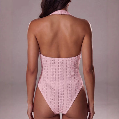 Halter V Neck Twist Front Backless Bodysuit for Women