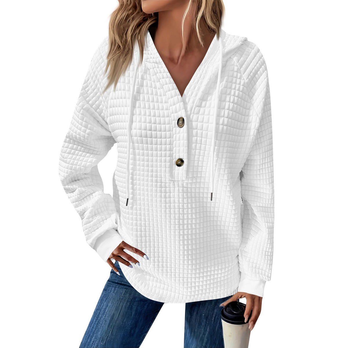 Women's Quilted V-Neck Button Hoodie Oversized Pullover