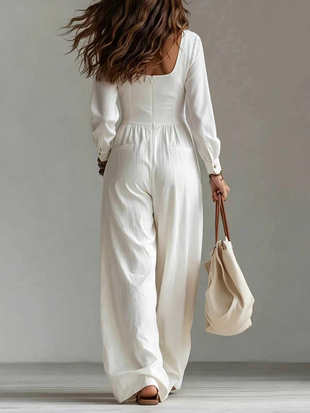 Women's V-Neck Wide Leg Jumpsuit Long Sleeve Pockets