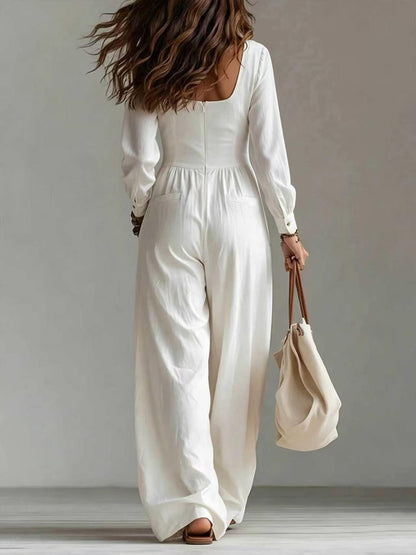 Women's V-Neck Wide Leg Jumpsuit Long Sleeve Pockets