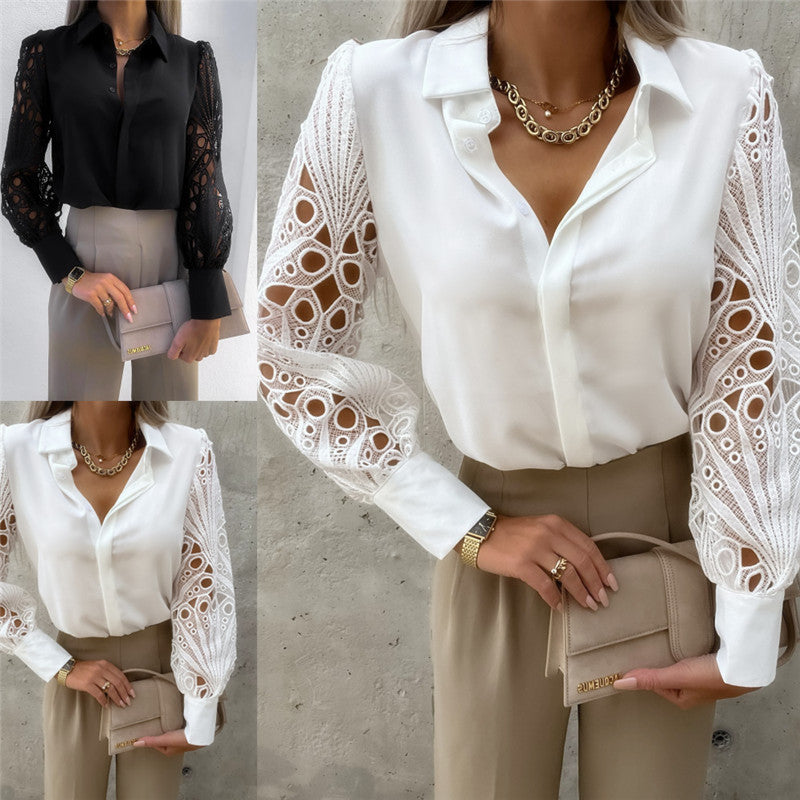Women's Crochet Lace Sleeve Button Down Blouse
