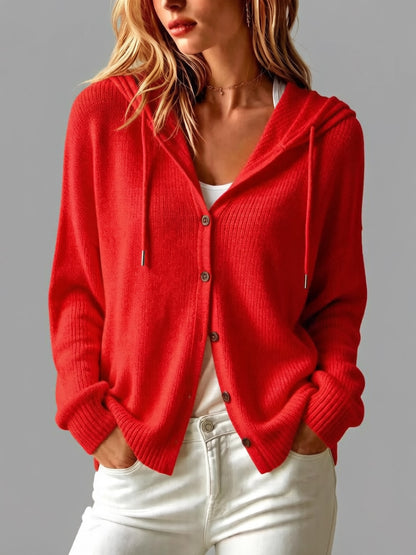 Women's Hooded Button Front Long Sleeve Knit Cardigan