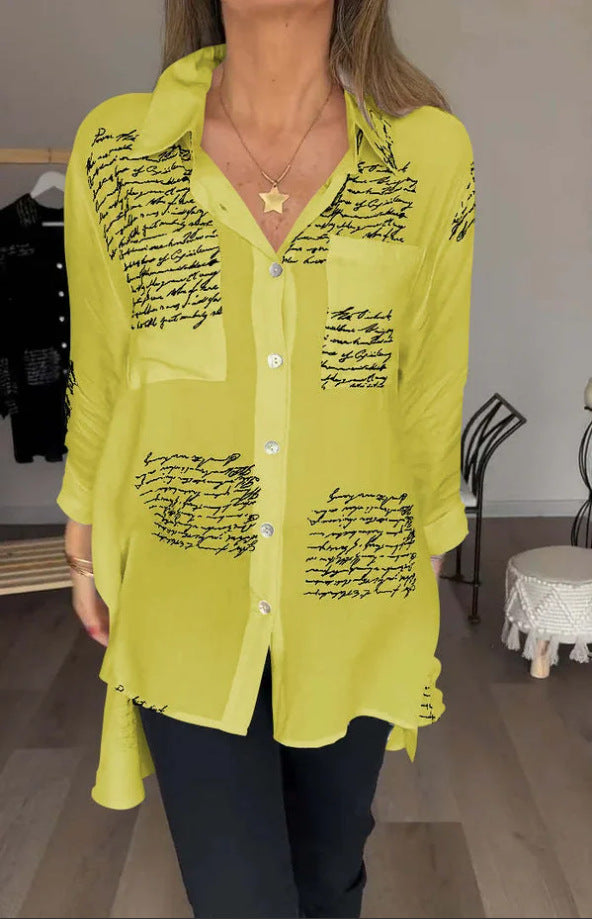 Women's Loose V Neck Letter Print Button Down Shirt