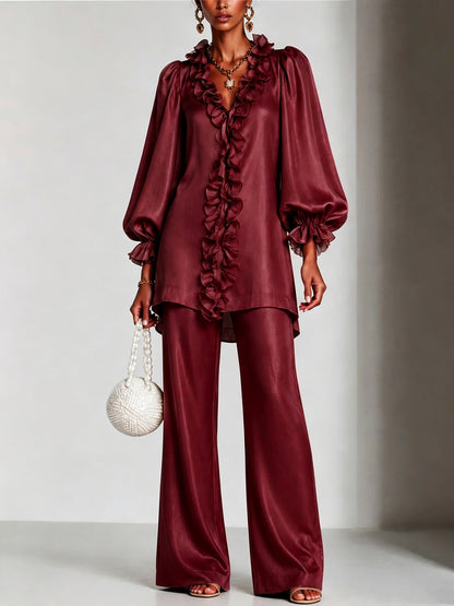 Women's Ruffle V-Neck Puff Sleeve Wide Leg Pants Set