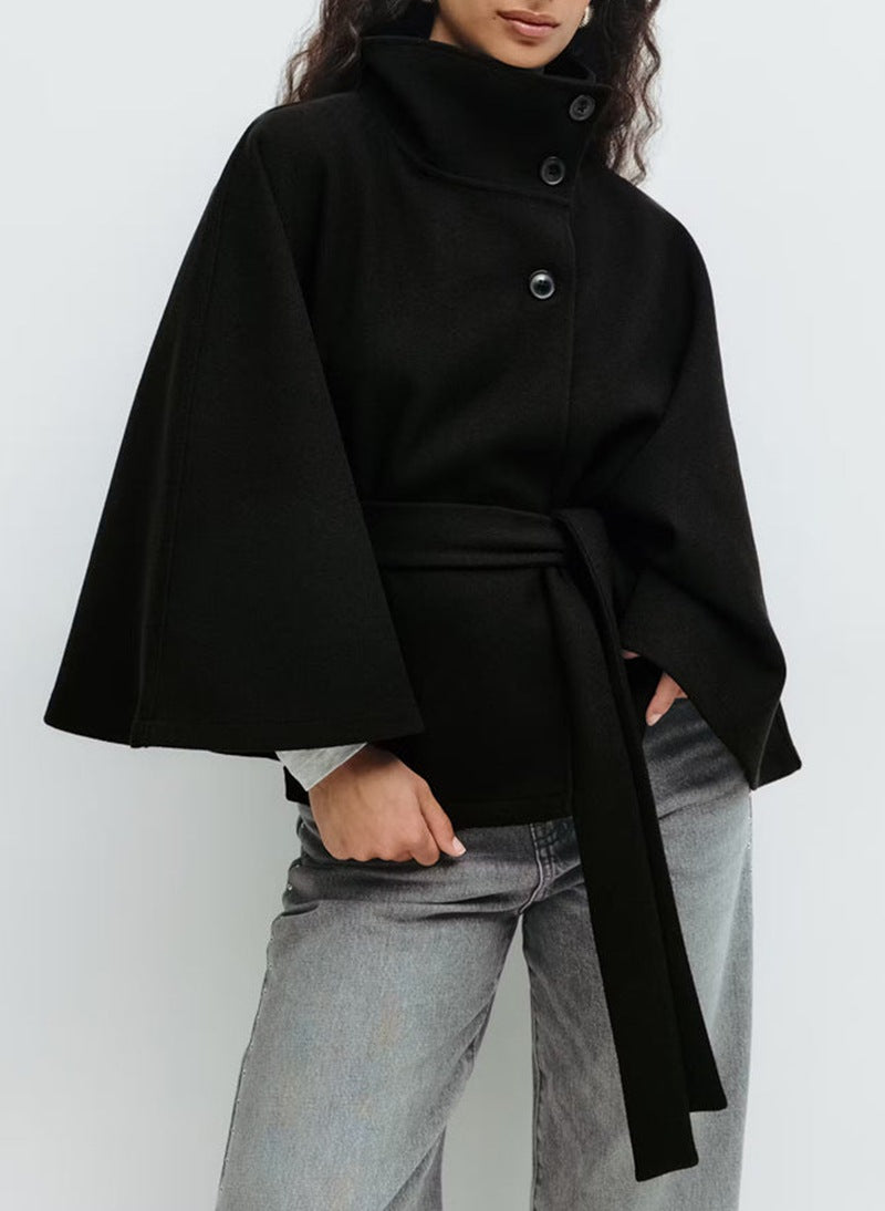 Women's Belted Cape Coat Stand Collar Button Jacket