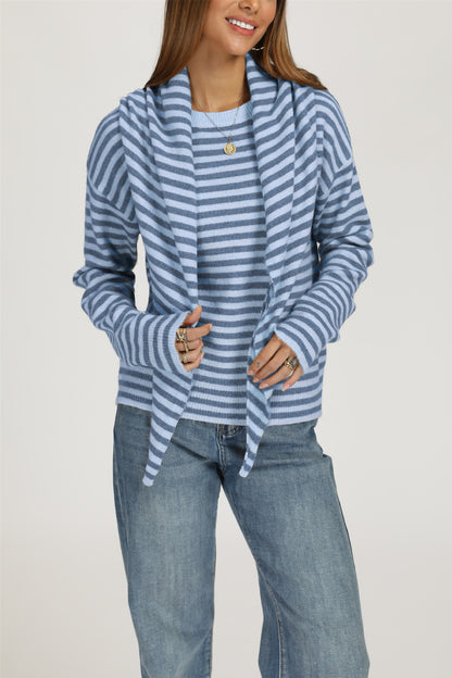 Striped Knit Sweater with Scarf Detail Crew Neck Pullover