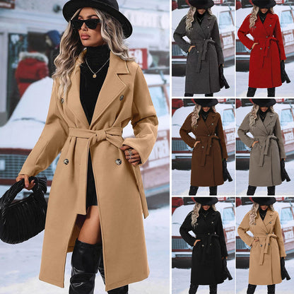Women's Belted Double Breasted Long Wool Blend Coat