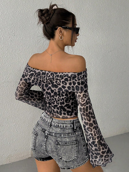 Sexy Off Shoulder Leopard Mesh Bell Sleeve Crop Top