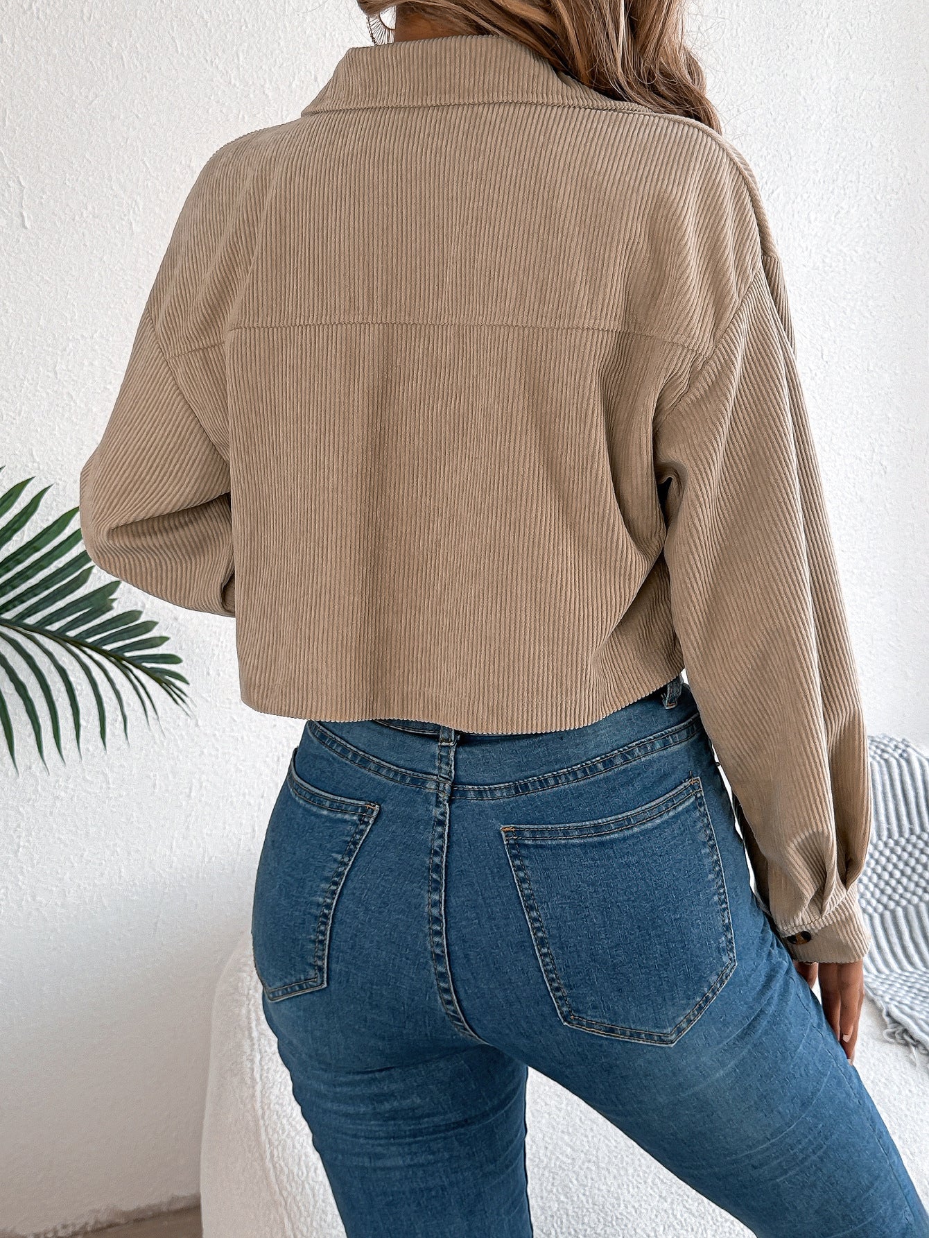 Corduroy Cropped Button Down Shacket for Women