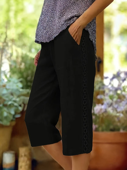 Lace Trim Linen Look Capri Pants Wide Leg Pocket