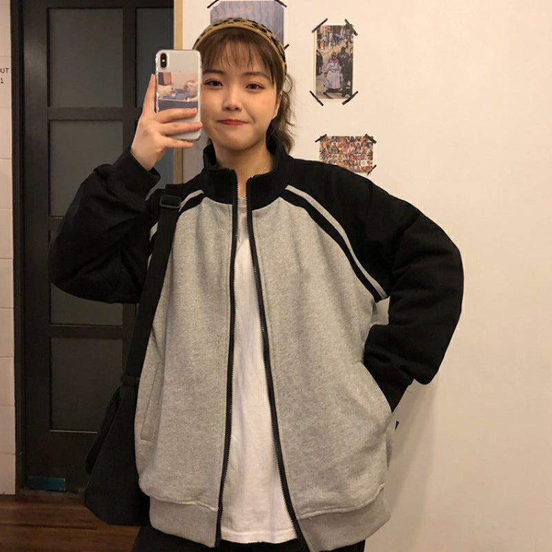 Women's Oversized Color Block Varsity Zip Up Jacket