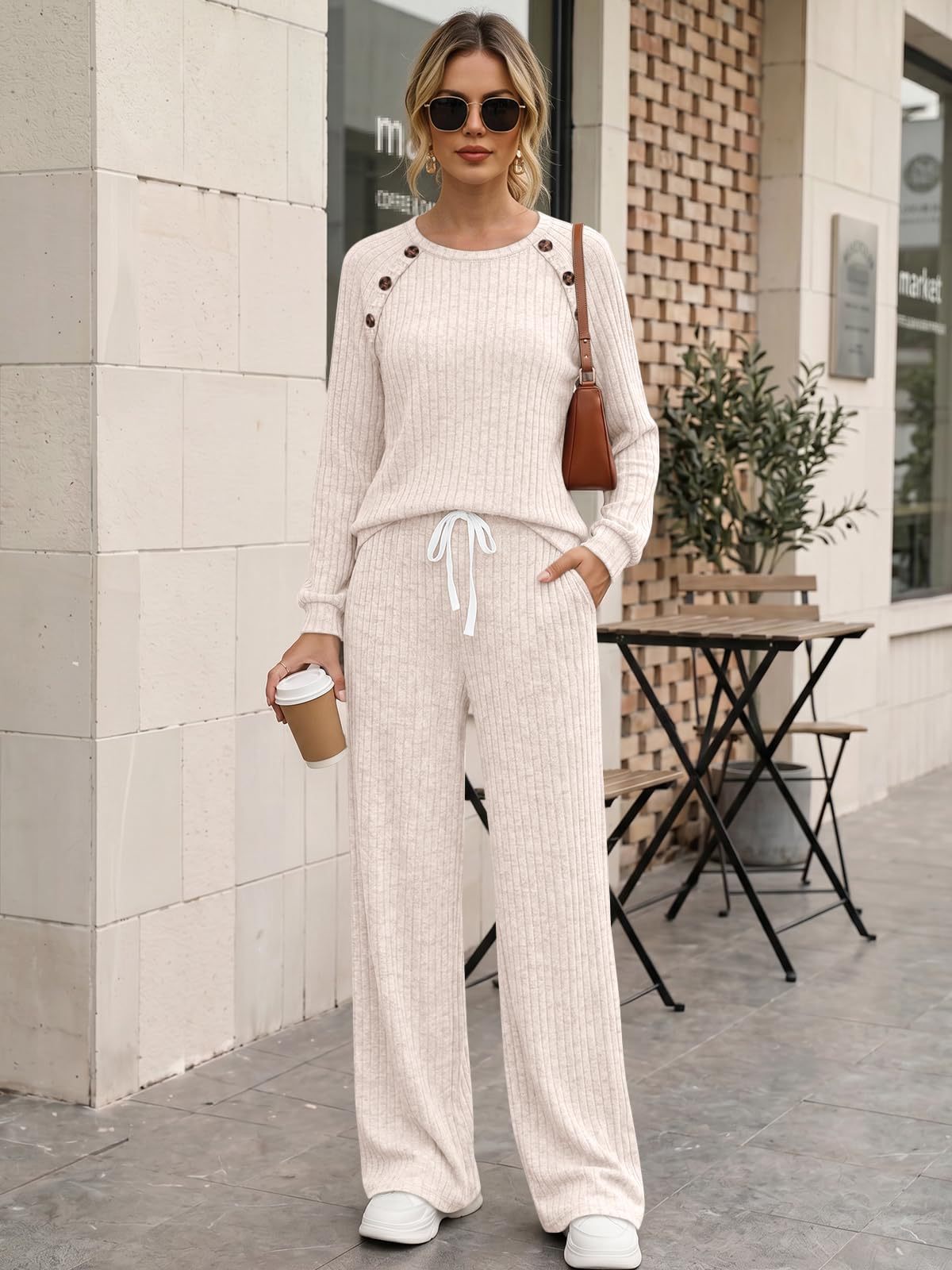 Womens Ribbed Knit 2 Piece Set Button Top Wide Leg Pants