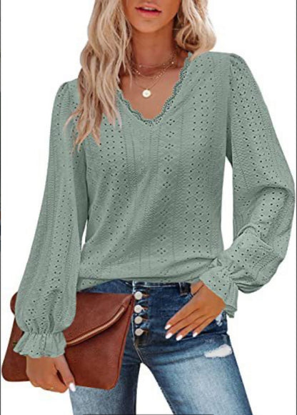 Women's Eyelet V-Neck Puff Sleeve Lace Blouse