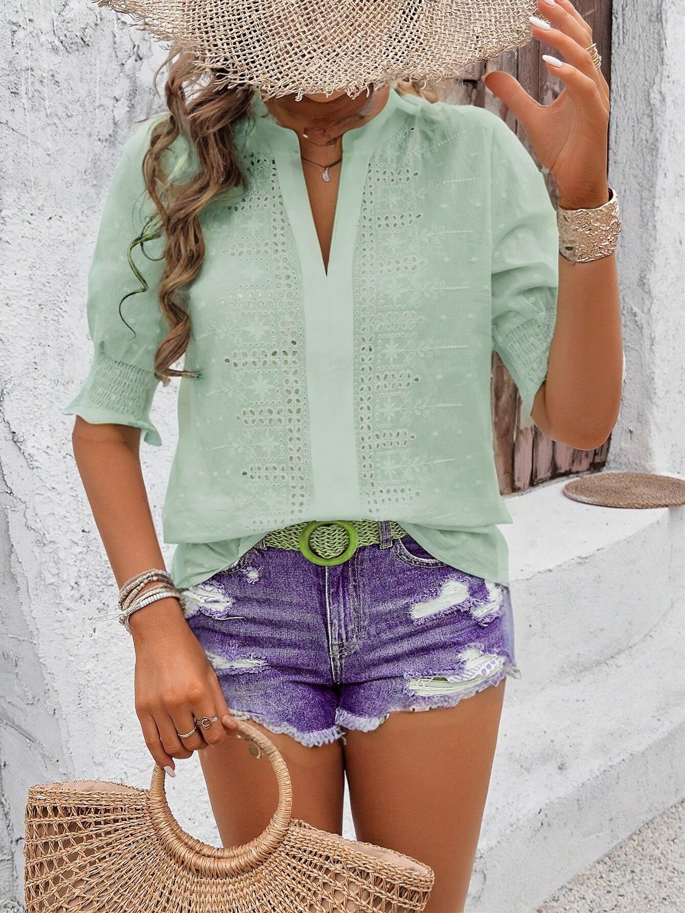 Mint Green Eyelet V Neck Boho Puff Sleeve Top
