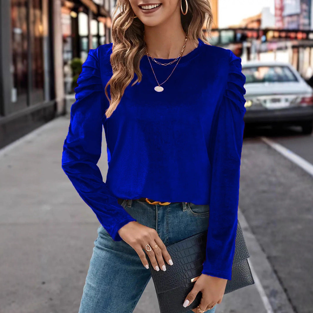 Women's Velvet Ruched Puff Sleeve Crew Neck Top