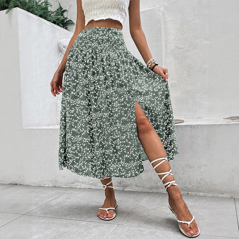 Blue Floral High Waist Slit Midi Skirt Boho Vacation Skirt