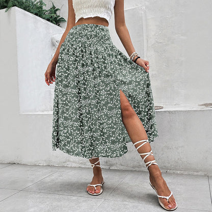 Blue Floral High Waist Slit Midi Skirt Boho Vacation Skirt