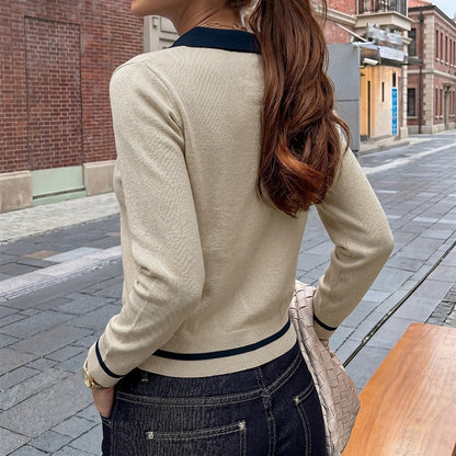Contrast Collar Knit Sweater Long Sleeve Polo Pullover