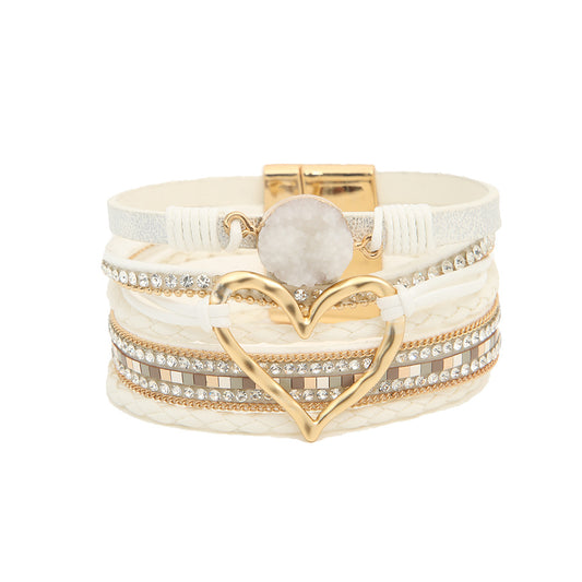 Heart Charm Layered Leather Bracelet Rhinestone Magnetic