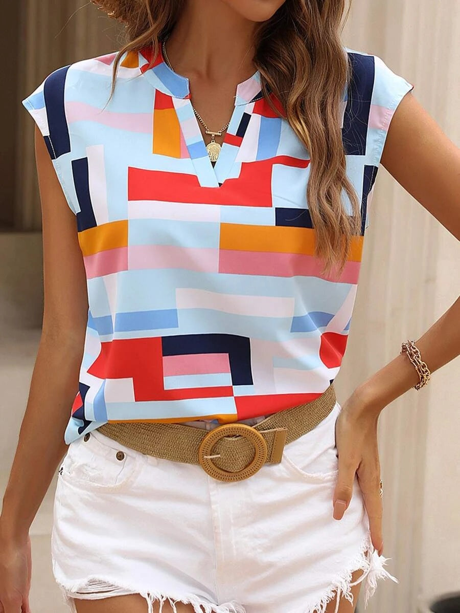 Geometric Print V-Neck Batwing Sleeve Blouse