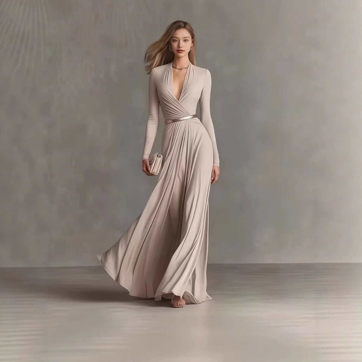 Elegant Deep V-Neck Long Sleeve Belted Maxi Dress