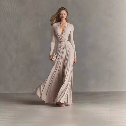Elegant Deep V-Neck Long Sleeve Belted Maxi Dress