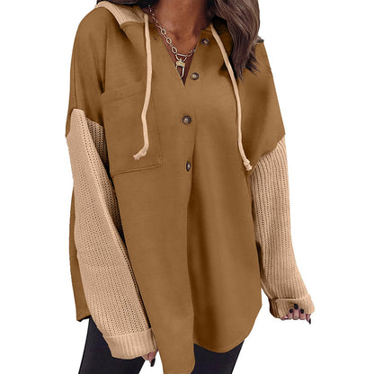 2025 Fall/Winter Colorblock Knit Sleeve Hoodie – Casual Button Down Top