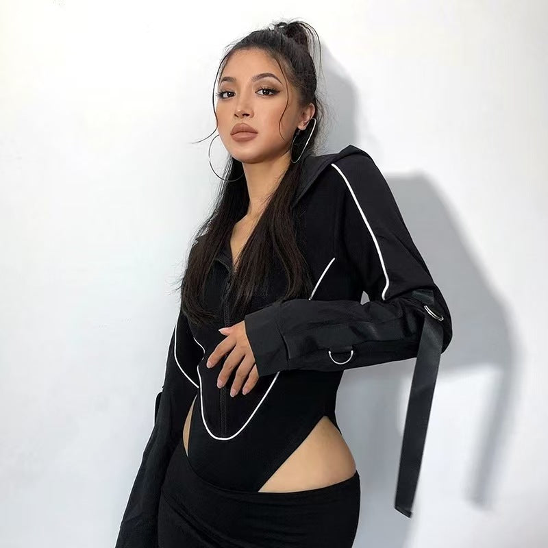 Women Hooded Cut Out Bodysuit Long Sleeve Streetwear