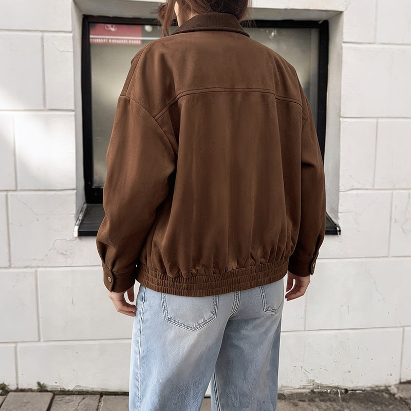 Faux Suede Contrast Collar Zip Front Utility Jacket