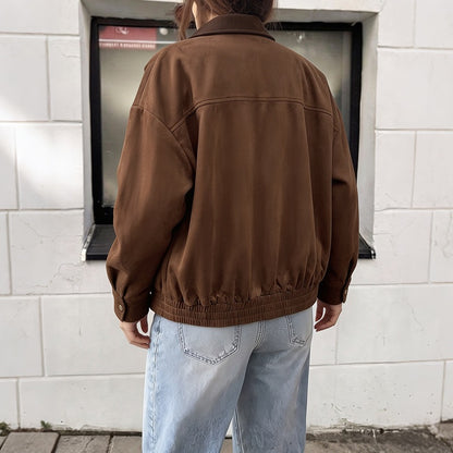 Faux Suede Contrast Collar Zip Front Utility Jacket