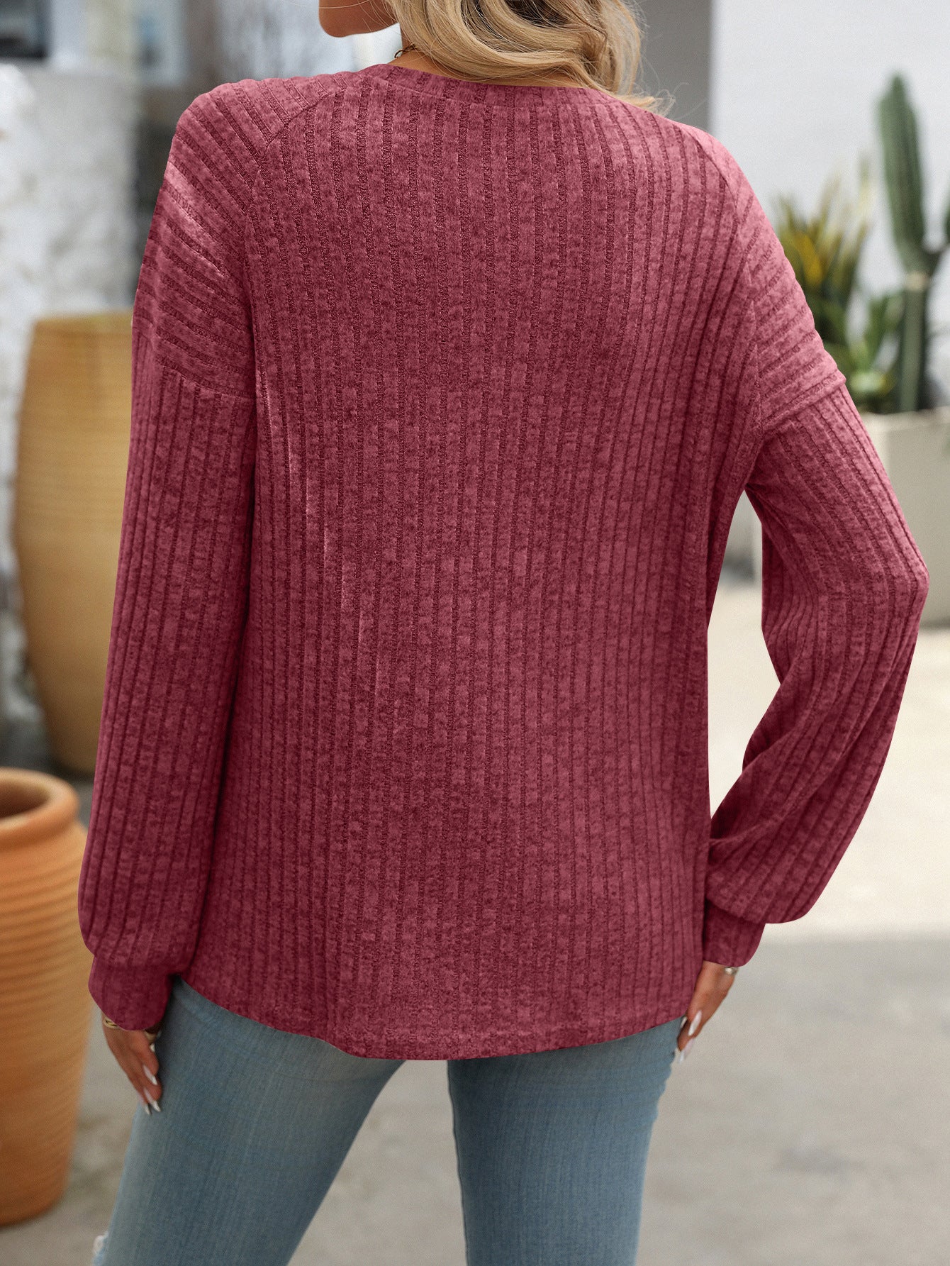 Casual Solid Color Ribbed Knit Button Detail Long Sleeve Top