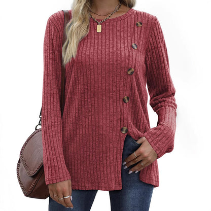 Women's Side Button Ribbed Long Sleeve Tunic Top