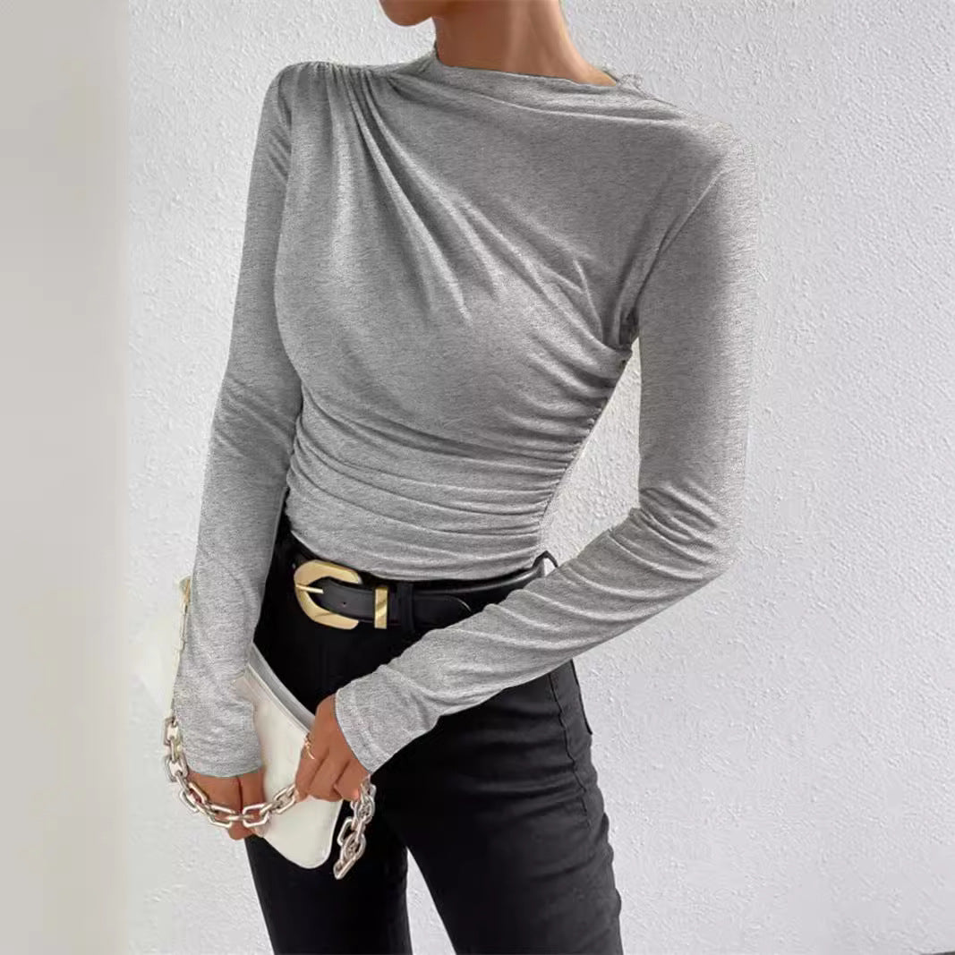 Women's Mock Neck Ruched Long Sleeve Fitted Top
