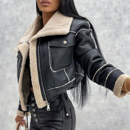 Womens Faux Leather Sherpa Cropped Moto Jacket