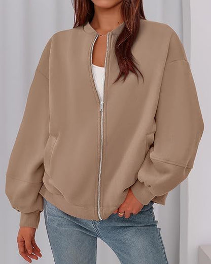 Women's Oversized Zip Up Bomber Jacket Lantern Sleeve