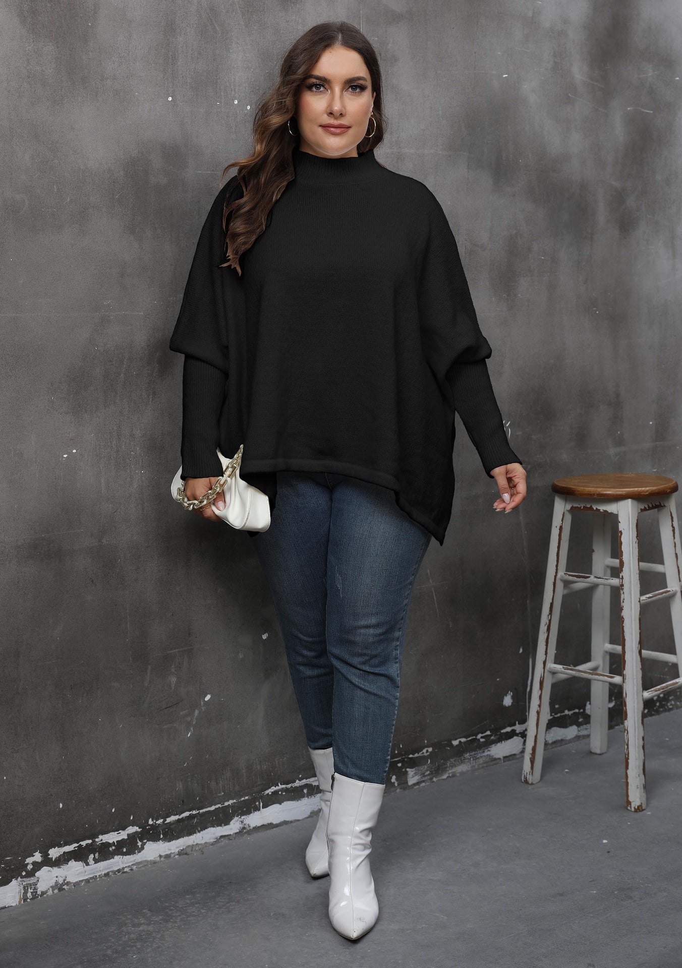 Women's Loose Split Bat Sleeve Semi-turtleneck Sweater