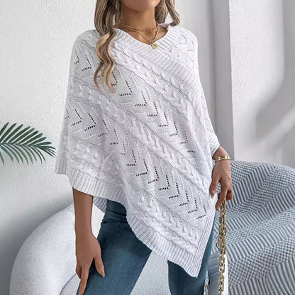 Women's Oversized Cable Knit V-Neck Poncho Sweater