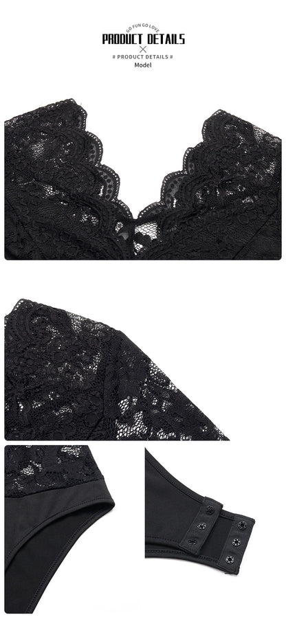 Long Sleeve Lace Bodysuit Deep V Neck Sheer Mesh Top